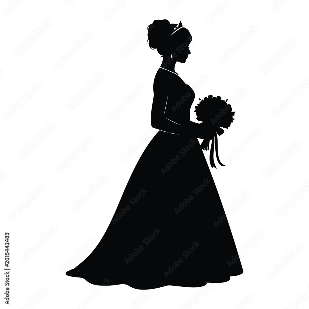 Fototapeta premium Black silhouette of a bride in a wedding dress holding a bouquet