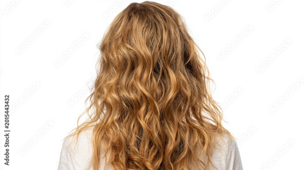 Naklejka premium Back-facing girl, natural waves, golden hair with subtle bronze highlights, low shine, plain top, white background, realistic photorealistic hair focus, 8k