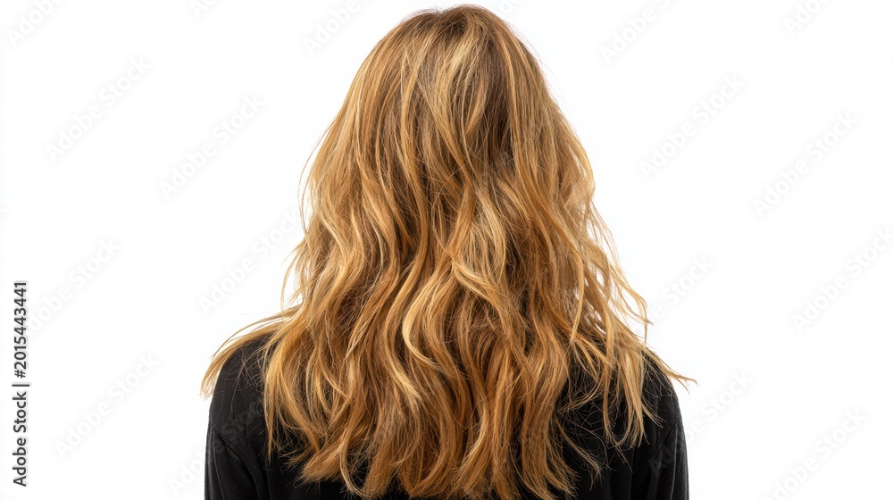Naklejka premium Back-facing girl, natural waves, golden hair with subtle bronze highlights, low shine, plain top, white background, realistic photorealistic hair focus, 8k