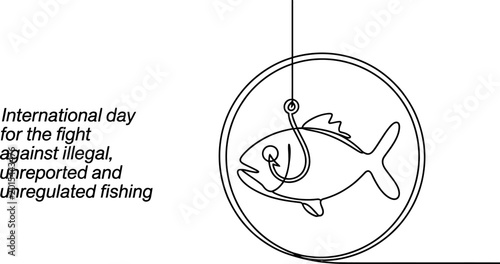 Tableau sur toile Continuous one line drawing of a fish caught on a hook inside a circle represent