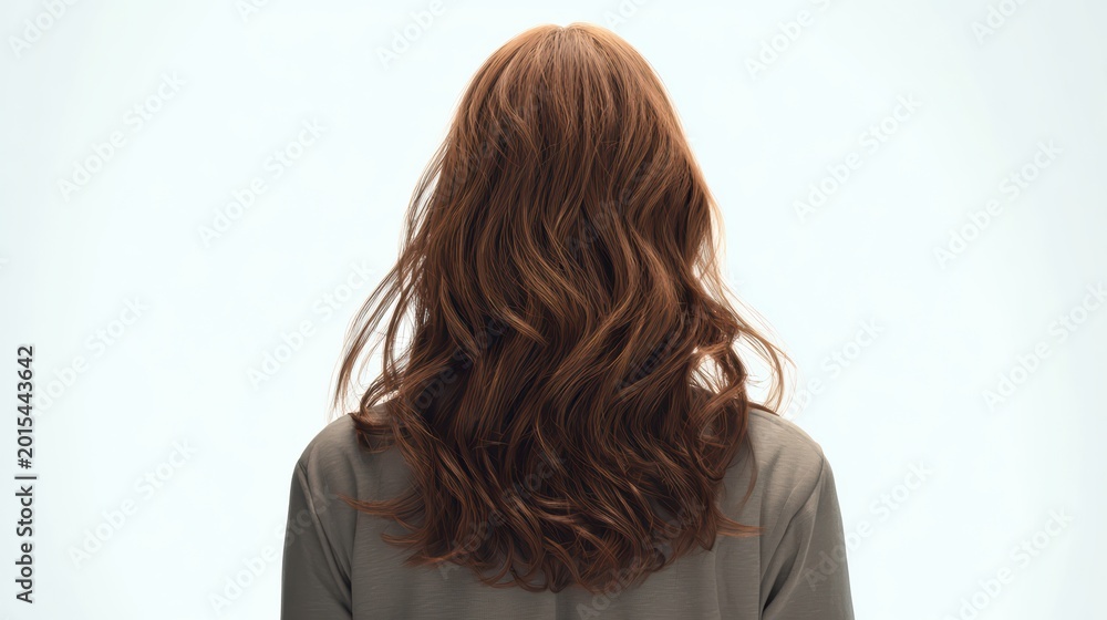 Naklejka premium Girl seen from behind, hair full of natural waves and shine, wearing a basic muted top, white background, photorealistic, cinematic hair lighting, 8k