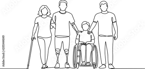 Continuous one line drawing of a diverse family group standing together including a woman with a cane, a man with prosthetic legs, and a person in a wheelchair Vector, illustration