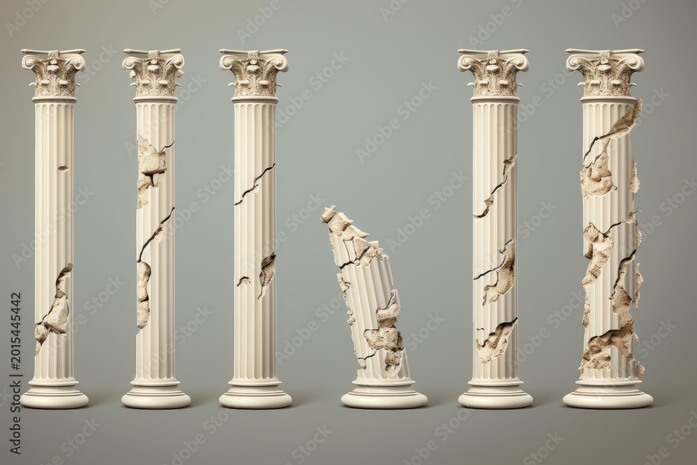 Fototapeta premium Corinthian columns with varying degrees of ruin representing architectural decay and collapse