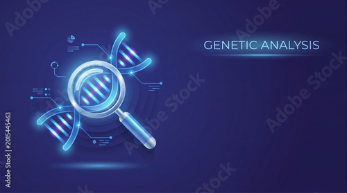 Digital DNA Analysis Concept with Glowing Magnifying Glass on Blue Background, Biotechnology and Genetic Research
