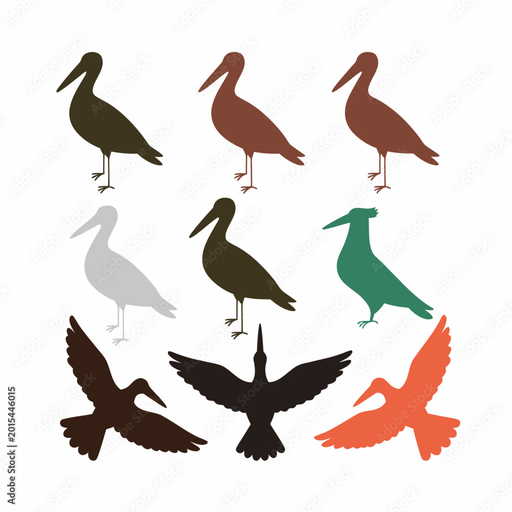 Obraz premium A cute cartoon vector silhouette featuring a set of wild birds like stork and parrots with colorful feathers and beaks perched on branches or flying in a nature design collection