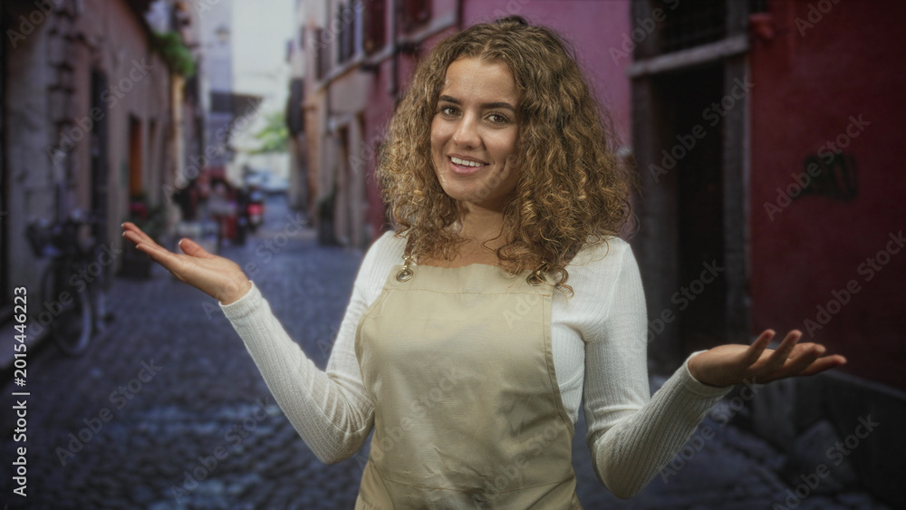 Fototapeta premium Woman in apron smiling with open hands gesture on a cobblestone street, palms raised in a welcoming pose; cheerful welcome.