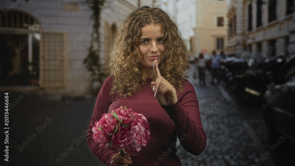 Fototapeta premium Woman holding pink bouquet and pointing index finger forward in cobblestone street with curly hair and maroon sweater; confident.