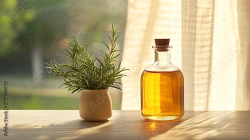 Rosemary Plant and Sunlit Bottle of Herbal Oil