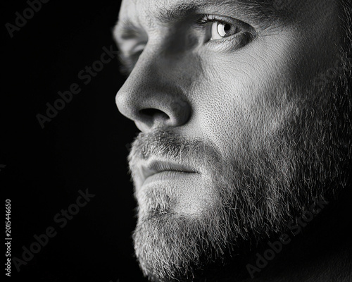 Shadowy male face closeup with beard and intense eye in monochrome high contrast profile