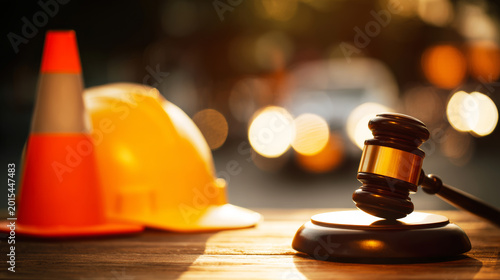 Gavel on a wooden table with a blurred safety helmet and traffic cone. Representing legal issues, construction law, and workplace safety regulations