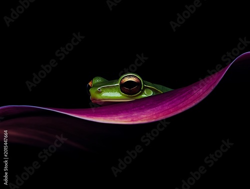 Frog Peeking from Purple Leaf in Dramatic Black Background