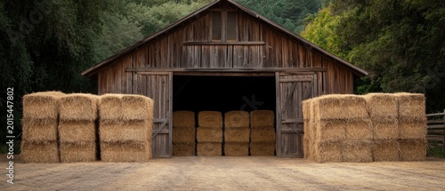 Rustic barn with hay bales in rural setting