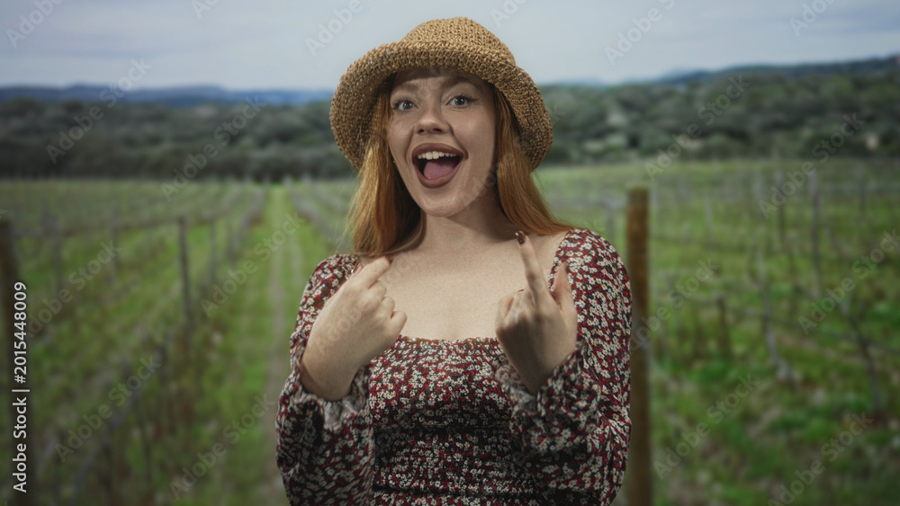 Obraz premium Young redhead woman wearing a straw hat and floral dress shows both middle fingers with tongue out in a vineyard; playful defiance.
