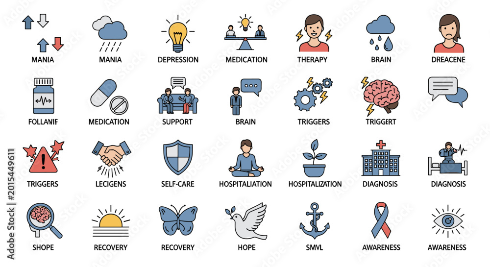 Fototapeta premium Mental health awareness visual set featuring icons depicting various psychological concepts, conditions, and treatments, rendered in a clean, colorful, and scalable vector