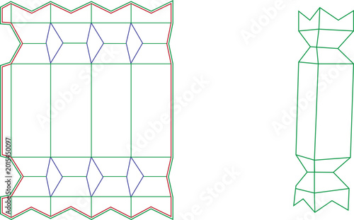 Dieline template for a 3D candy cracker box packaging with flat layout and folded 3D wireframe preview