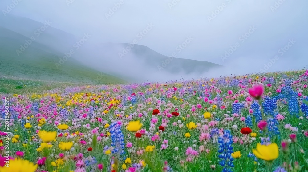 Obraz premium Misty wildflower meadow on hillside