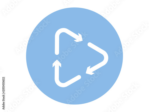 Three white arrows forming a loop inside a blue circle vector illustration. Sustainability, circular economy, waste management, ecology, energy, nature. Triple arrow cycle emblem in a round frame