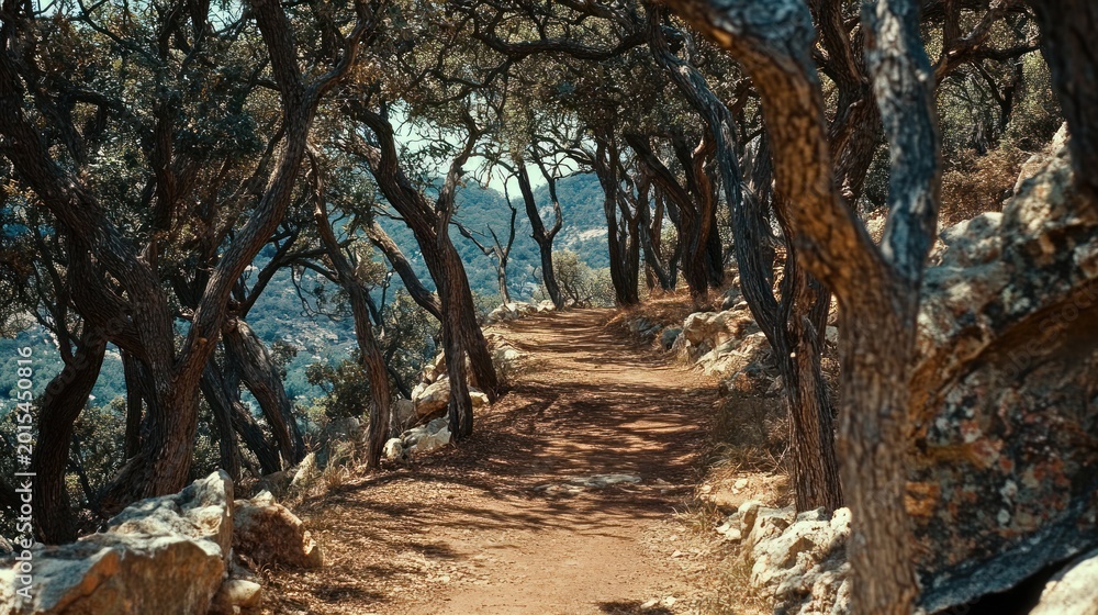 Fototapeta premium Forest path sunlight dappled hiking trail