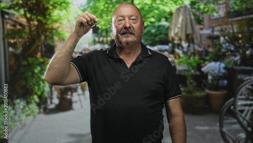 Konstfotografi Man holds house keychain aloft with right hand and slight smile in leafy street cafe courtyard scene; new homeowner pride
