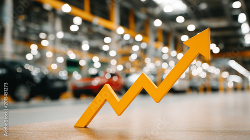 Market Growth in Factory: An eye-level perspective showcases a rising golden arrow superimposed over a blurred factory setting, symbolizing progress and expansion in the industrial sector.