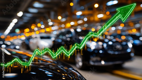 Automotive Market Growth: The image features a modern car dealership with new cars, an upward-trending green arrow overlaying the vehicles.