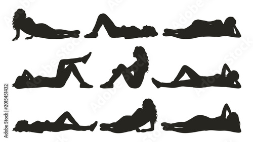 Obraz na plátně Collection of reclining woman silhouettes in various poses black on white backgr