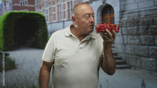 Tableau sur toile Man holds clear punnet of strawberries in right hand in front of building courtyard; homegrown contentment