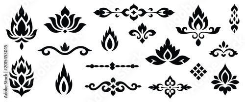 Fotografie Thai decoration elements set with traditional ornamental patterns lotus flower m