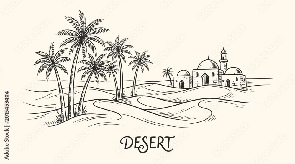 Fototapeta premium A serene desert landscape featuring a hand drawing of palm trees and buildings.