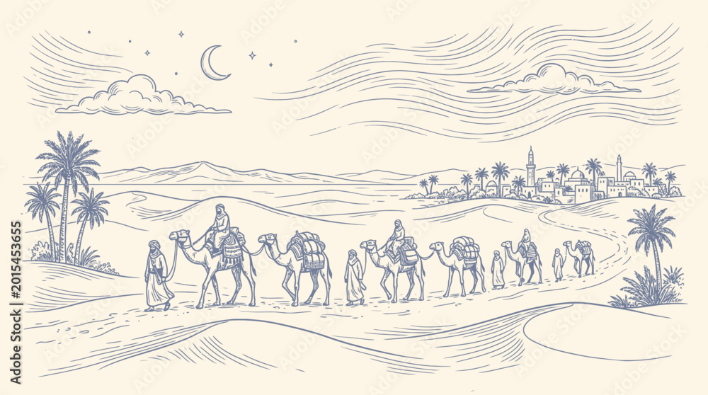 Obraz premium A hand drawing of a caravan journeying through a desert landscape under a night sky with palm trees and mountains.