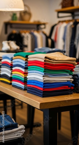 Neatly folded stacks of colorful folded shirts displayed on a wooden table in a store