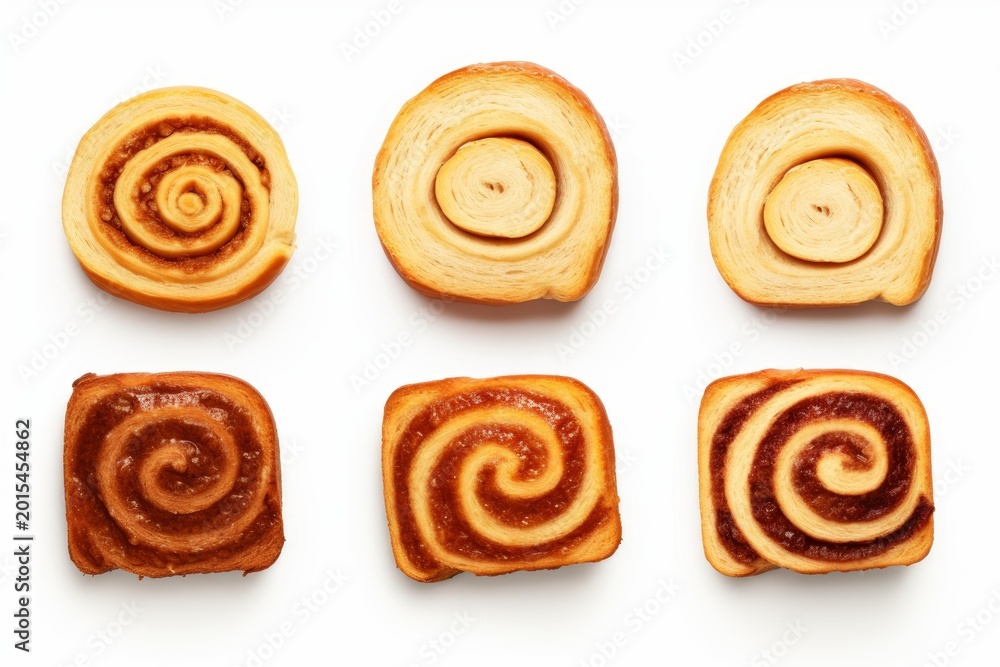 Fototapeta premium Six different sweet cinnamon swirl pastries arranged on a simple white background