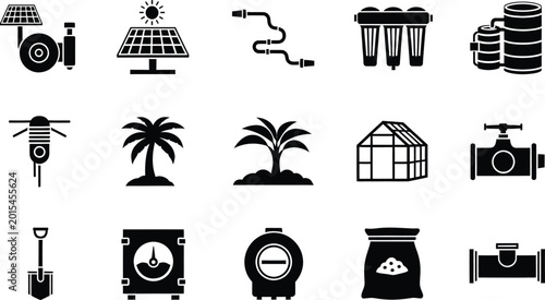 Agriculture farming icons set with solar panels plants irrigation tools