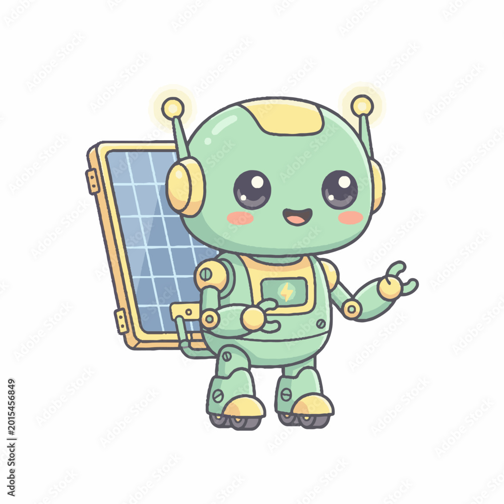 Obraz premium Cute Robot Holding Solar Panel.