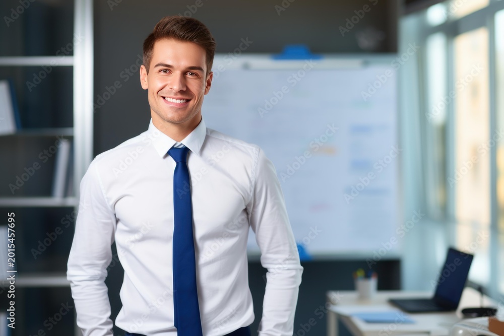 Fototapeta premium Young businessman standing in modern corporate office, symbolizing success and professional leadership