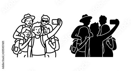 Group Selfie Vector, Friends Taking Photo Together, Travel Memory Icon, People Capturing Moment