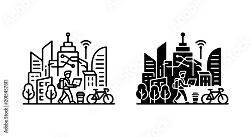 Smart City Icons, Urban Technology Vector Set, Connected Buildings, Digital Lifestyle Graphics