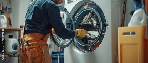 Technician repairing washing machine