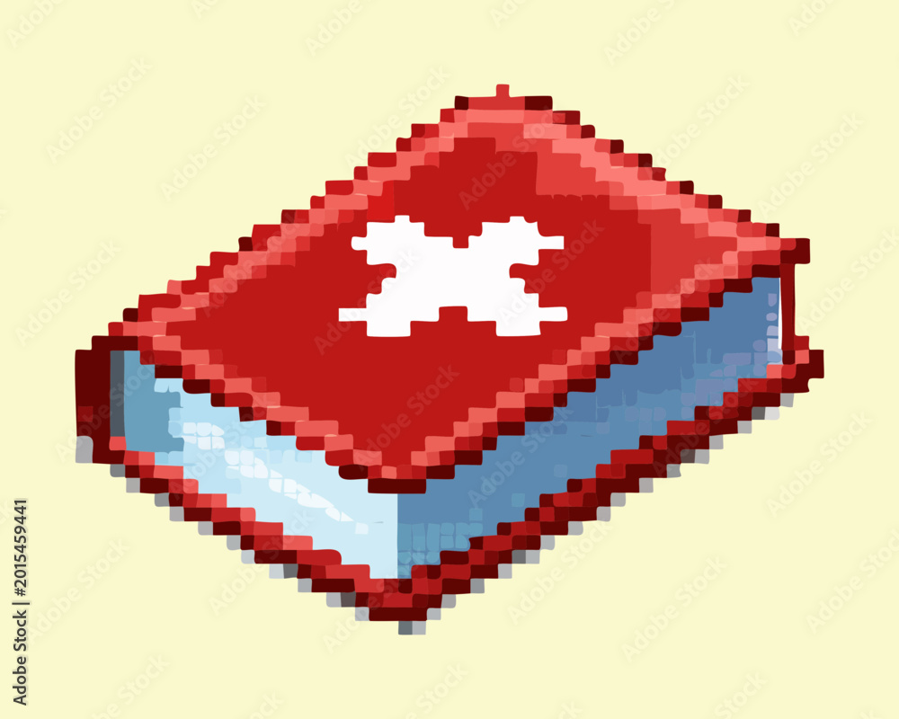 Fototapeta premium Physician handbook pixel art with white cross for first aid tutorials and health management icons in retro simulation games