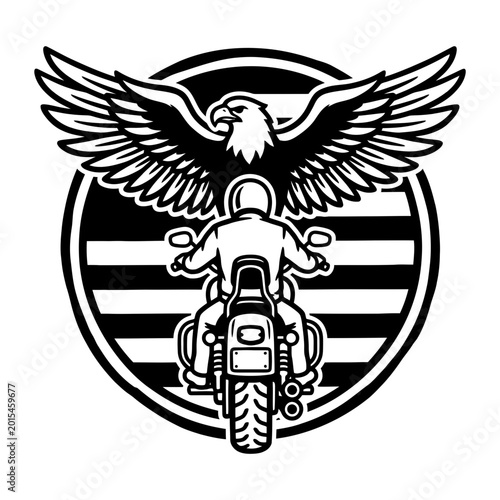 Winged motorcycle rider emblem with sunset stripes