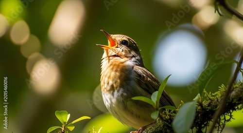 Small bird singing its song in lush green foliage during warm sunlight with bokeh background