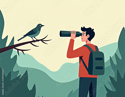 Enthusiastic Ornithologist Immersed in Birdwatching Amidst Lush Greenery, Capturing the Thrill of Nature's Avian Wonders