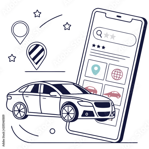 Foto Car rental app interface with navigation pins and car icons interface transporta