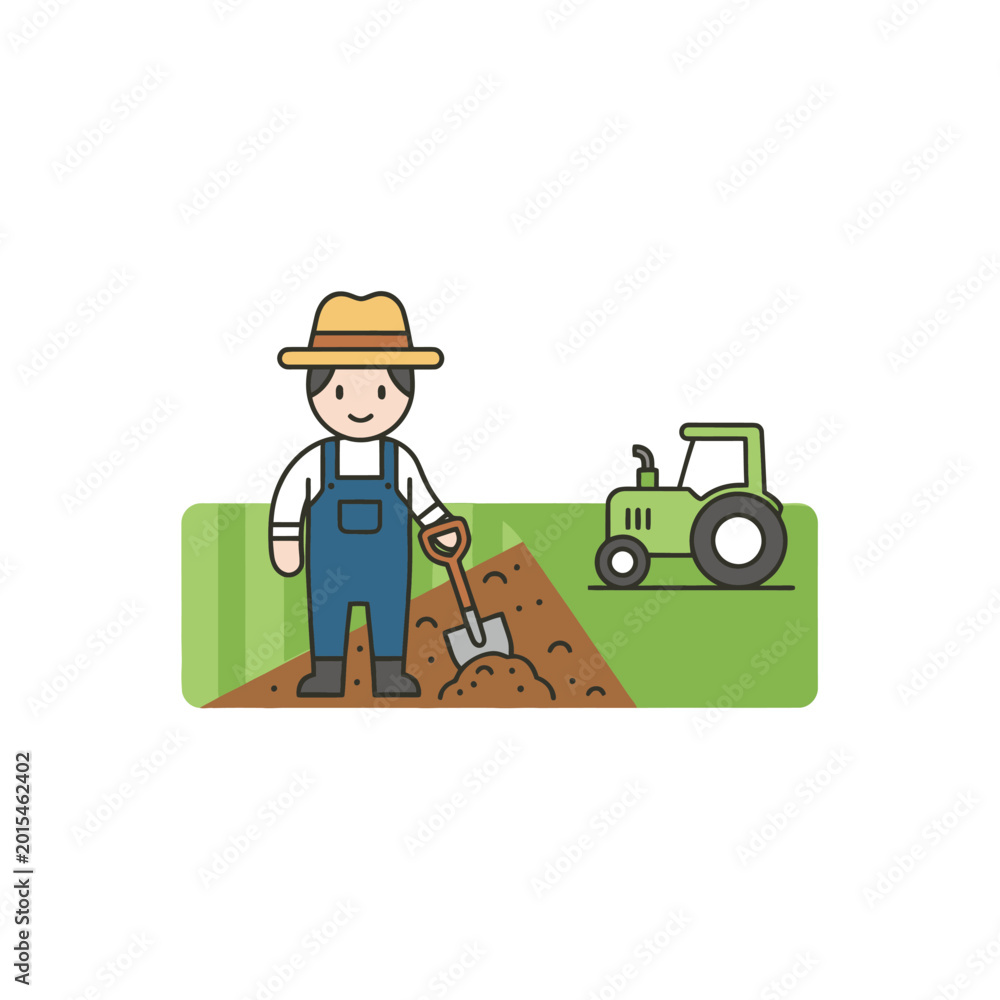 Obraz premium Farmer with shovel and tractor on field, agriculture concept, flat design illustration
