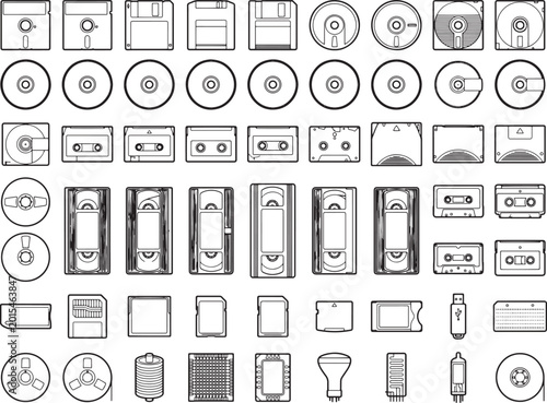 A collection of vintage data storage devices of different types, presented in an eye-catching illustration. 