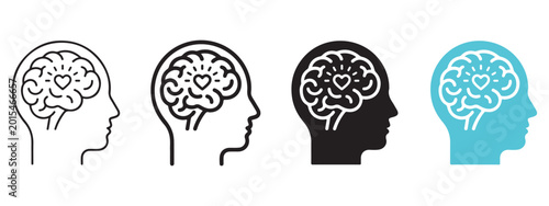 Human head profile with brain and heart icon set