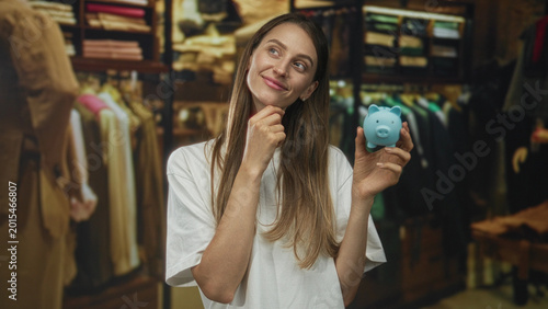 Cuadro en lienzo Woman holding blue piggybank, hand to chin, smiling inside store building; saving planning budgeting thoughtful
