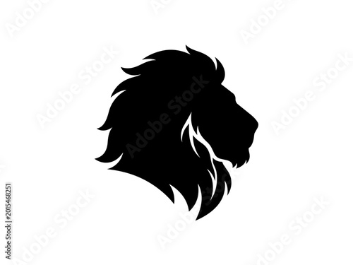 Black silhouette lion head profile view with flowing mane isolated on transparent background, Vector