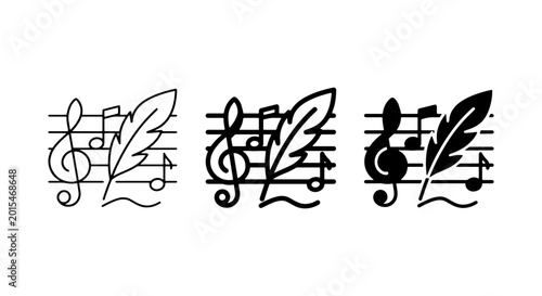Photography Musical Notes and Feather Pen Icons, Set of 3 Vector Graphics