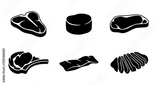 Quadro su tela Six Black Meat Cuts Vector Icons, Butcher Shop Food Graphics, Protein Meal Icons